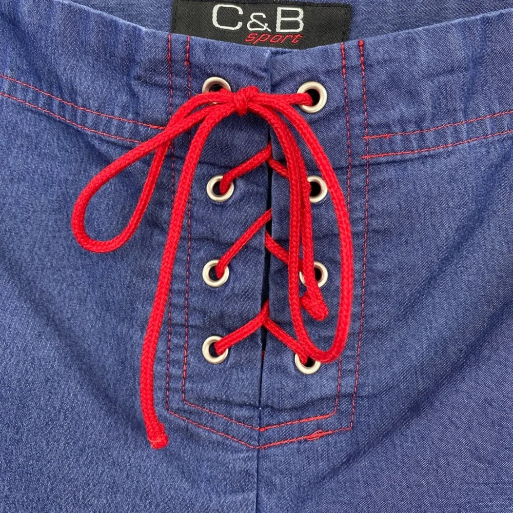 Y2K C&B Sport‎ Croft & Barrow Shorts Womens 16 Blue Denim Look Lace Up Red vtg